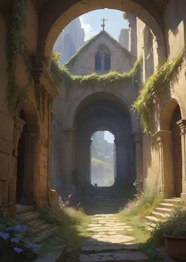 Anime Lo-Fi Landscape of Ruined Abbey Courtyard
