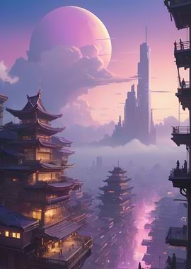 Anime Lo-Fi Landscape of Futuristic Asian Cityscape