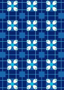 Abstract Blue and White Floral Plaid Pattern