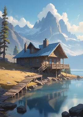 Anime Lo-Fi Landscape of Mountain Cabin by the Lake