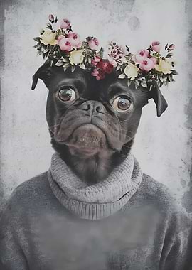 Pug with Flower Crown