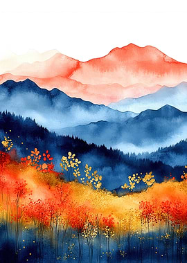 Watercolor Mountain Landscape