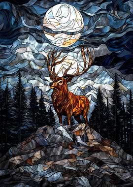 Stained Glass Elk Rocky Mountains under Moon