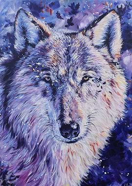 Wolf Portrait Painting in Purple and Blue