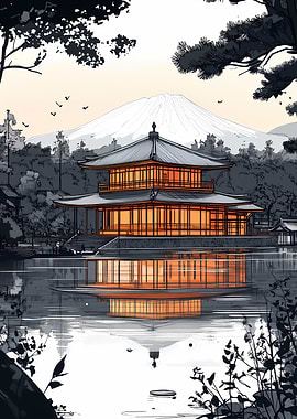 Japanese Temple and Mountain