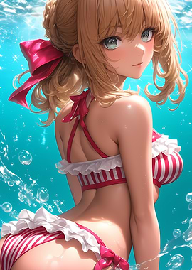 Anime Girl in Red and White Bikini