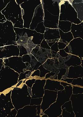 Gold Cat on Black Marble Kintsugi Style