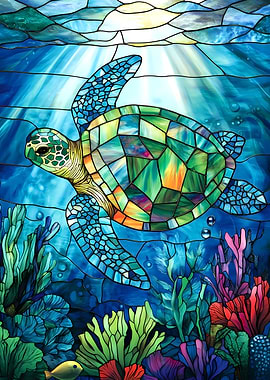 Stained Glass Sea Turtle in Ocean