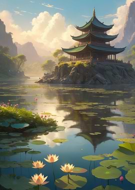 Anime Lo-Fi Landscape of Serene Pagoda by the Lake