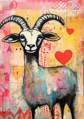 Goat with Hearts Valentines Day Mixed Media