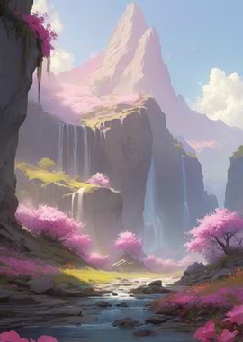 Anime Lo-Fi Landscape of Waterfall Valley