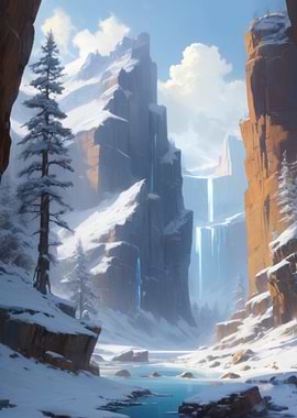 Anime Lo-Fi Landscape of Snowy Mountain Valley