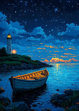 Lighthouse and Boat at Night