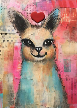 Smiling Llama with Heart Valentines Day Mixed Media