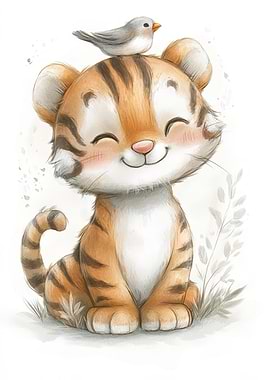 Cute Tiger with Bird