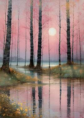 Whimsical Pink Sunset Forest Landscape