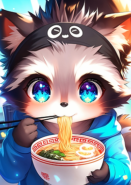 Cute Raccoon Eating Ramen