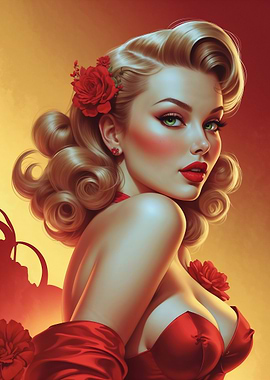 Blonde Pin-up Red Roses