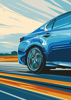 Blue Car Speeding on Road