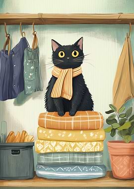 Black Cat on Blanket Stack