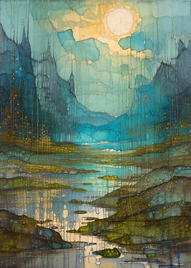 Abstract Mountain River Landscape Painting