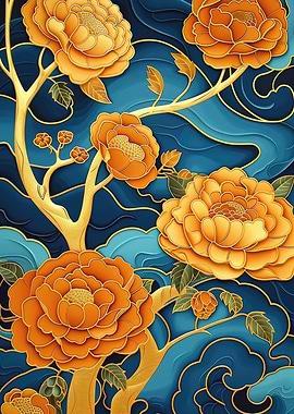 Golden Peonies on Blue