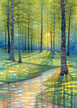 Whimsical Green Sunlit Forest Path Landscape