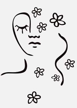 Line Art Woman with Flowers