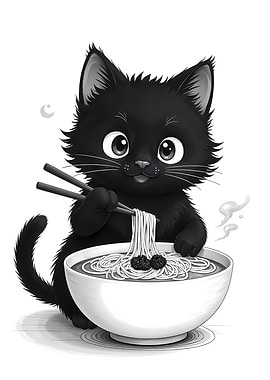 Black Cat Eating Ramen
