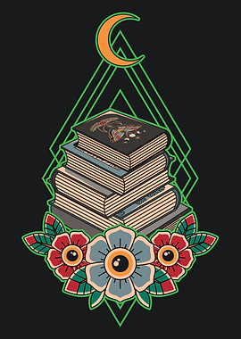 Stack of Books with Moon