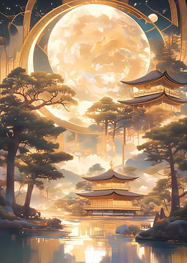 Golden Pagoda Moonlit Landscape