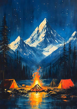 Campfire Under Stars Japanese Landscape