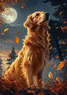 Golden Retriever Under Moonlight