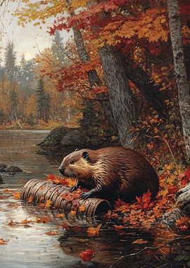 Beaver in Autumn Forest