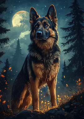 German Shepherd Under Moonlight