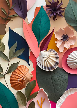 Paper Cutout Floral & Seashell Art