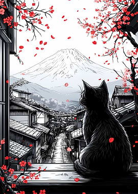 Black Cat & Mt. Fuji Japanese Landscape