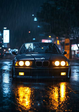 black bmw e30 in rain