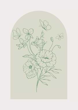 Butterfly and Floral Line Art Print