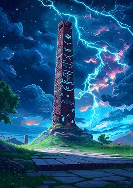 Ancient Obelisk Under Storm