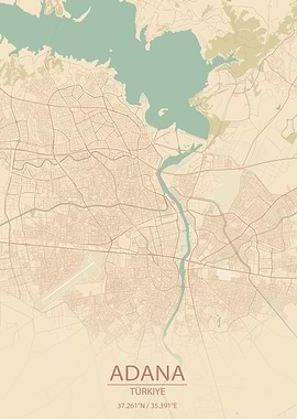 Adana Türkiye Vintage Style City Map