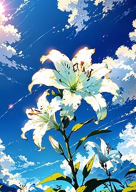 White Lilies Flower Against Blue Sky