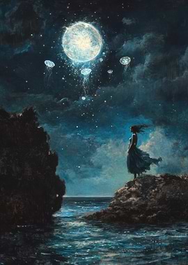 Woman Gazing at Moonlit Sky