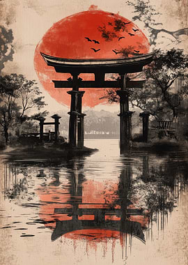 Japanese Gate and Red Sun