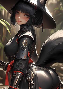 Anime Fox Girl in Black Outfit Gaming