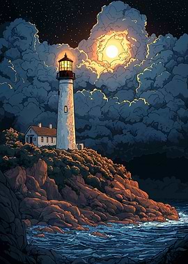 Lighthouse Under Moonlight