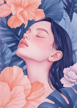 Woman Surrounded by Flowers, Botanical Girl Portrait