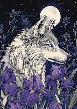 Wolf and Irises, Purple flowers wolf full moon