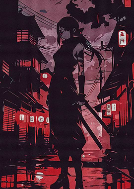 Female Ninja in Red City