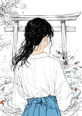 Japanese Woman by Torii Gate